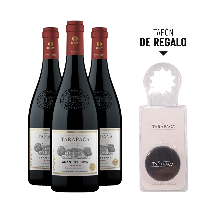 3 Vinos Tarapacá Gran Reserva Carmenere 750cc + 1 Tapón Tarapacá