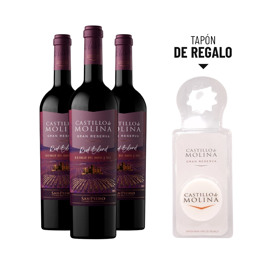 3 Vinos Castillo De Molina Red Blend 750cc + 1 Tapón Castillo de Molina