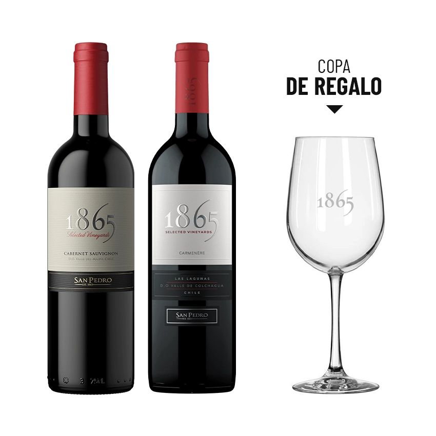 1 Vino 1865 Cabernet Sauvignon 750cc + 1 Vino 1865 Carmenere 750cc + 1 Copa 1865