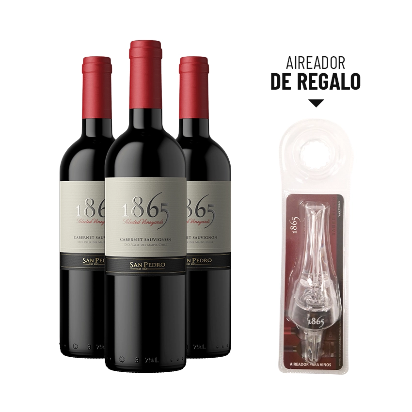 3 Vinos 1865 Cabernet Sauvignon 750cc + 1 Aireador de Vinos 1865