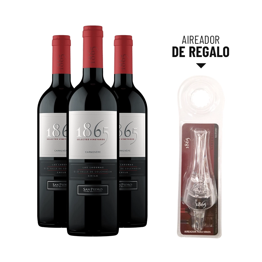 3 Vinos 1865 Carmenere 750cc + 1 Aireador de Vinos 1865