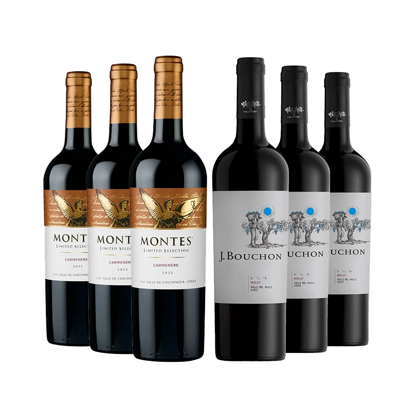 3 Vinos Montes Limited Selection Carmenere 750cc + 3 Vinos J. Bouchon Reserva Carmenere 750cc