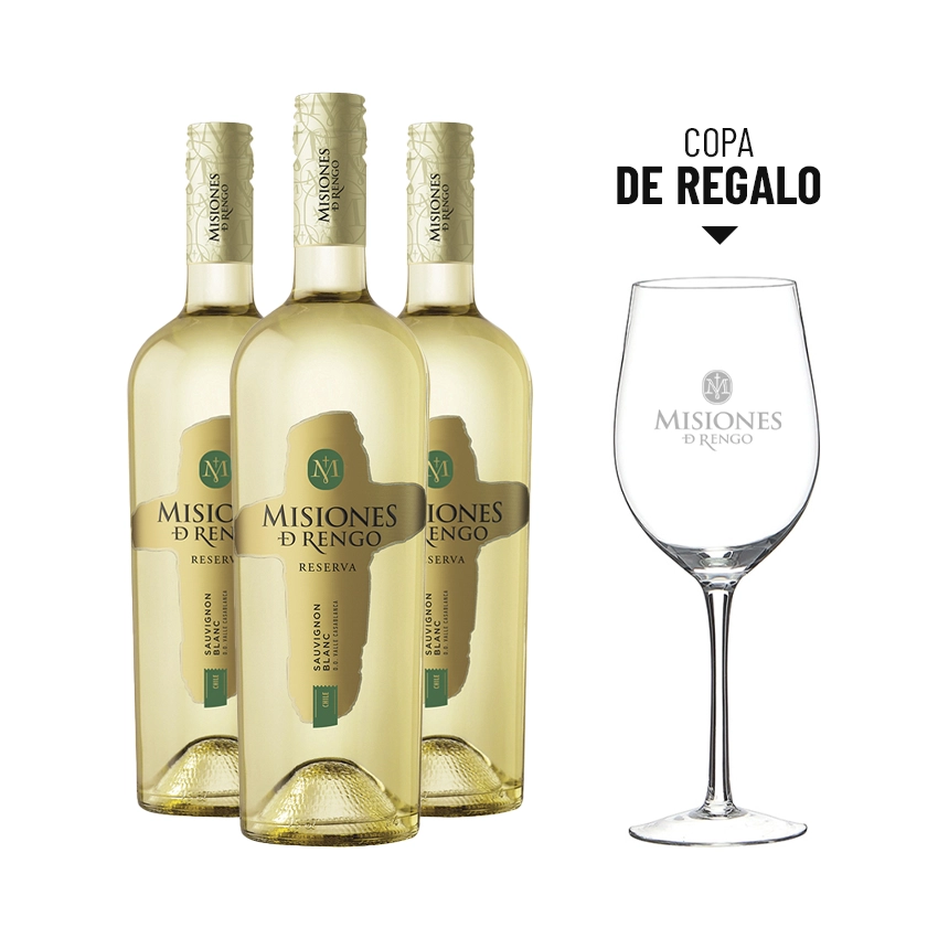 3 Vinos Misiones De Rengo Reserva Sauvignon Blanc 750cc + 1 Copa Misiones De Rengo