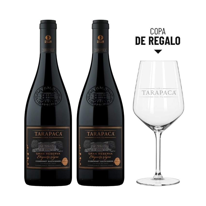 2 Vinos Tarapacá Gran Reserva Etiqueta Negra Cabernet Sauvignon 750cc + 1 Copa Tarapacá