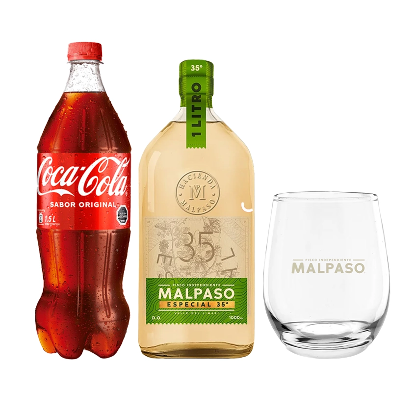 1 Pisco Mal Paso 35° 1L + 1 Coca-Cola Original 1.5L + 1 Vaso Bajo Mal Paso