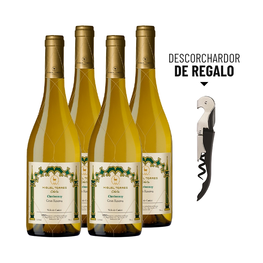 4 Vinos Miguel Torres Gran Reserva Chardonnay 750cc + 1 Descorchador Miguel Torres