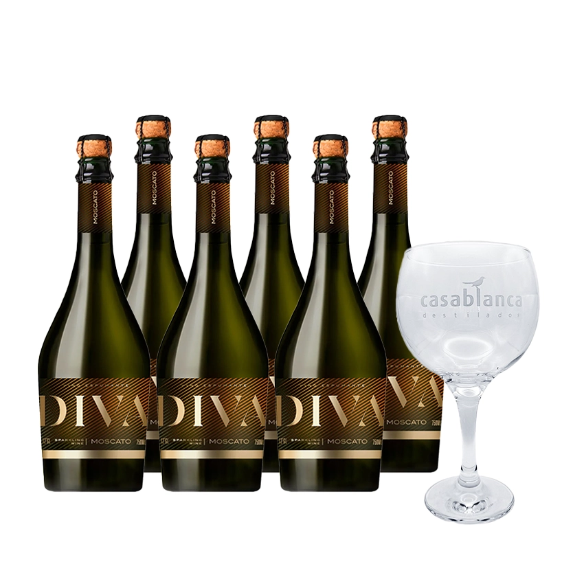 6 Espumantes Diva Moscato 750cc + 1 Copa Casablanca de Vidrio