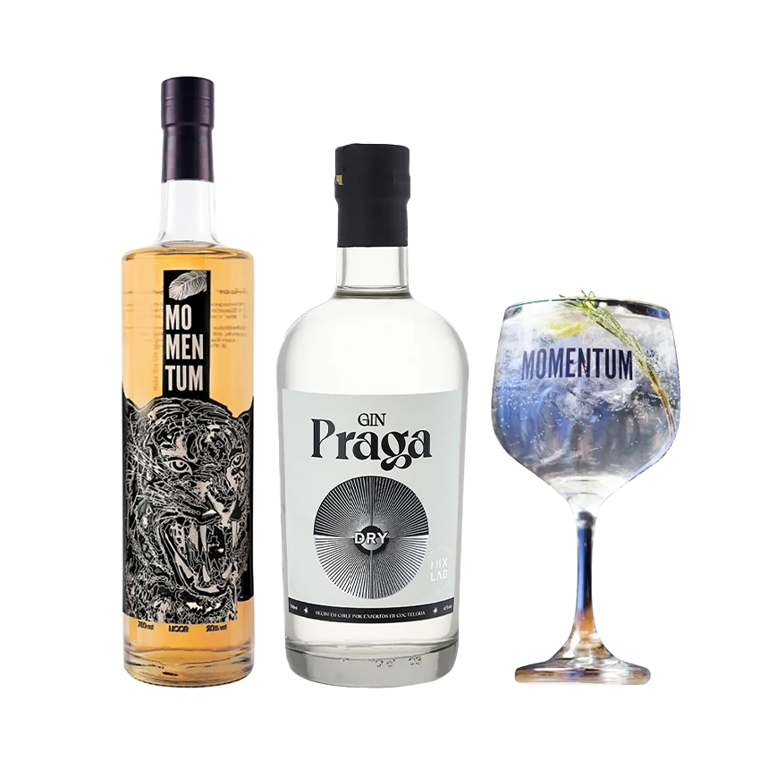 1 Licor Momentum 750cc + 1 Gin Praga Dry 700cc + 1 Copa Momentum