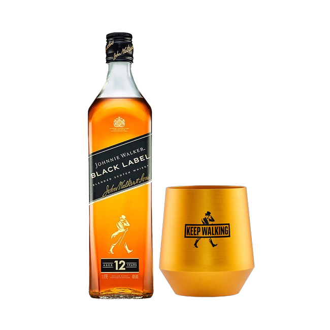 1 Whisky Johnnie Walker Black Label 1L + 1 Vaso Black JW Aluminio