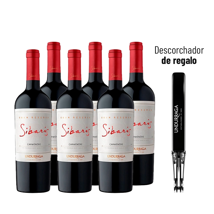6 Vinos Sibaris Carmenere 750CC + 1 Descorchador Undurraga