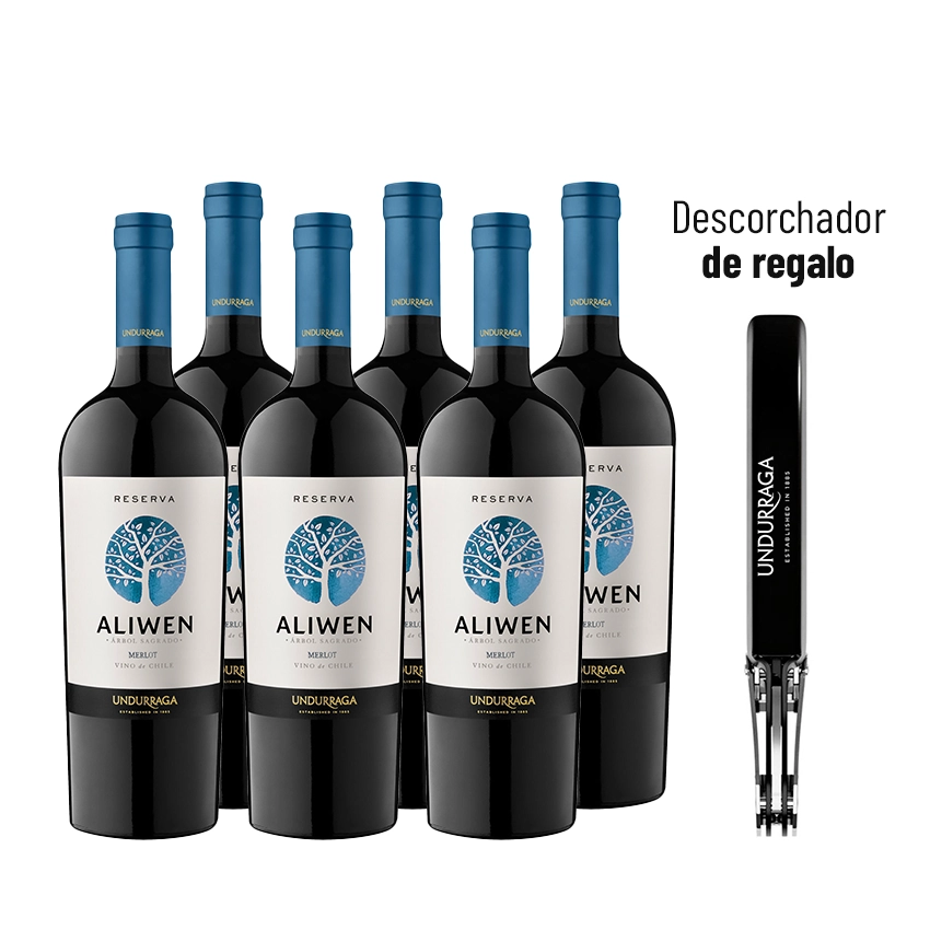 6 Vinos Undurraga Aliwen Merlot 750cc + 1 Descorchador Undurraga