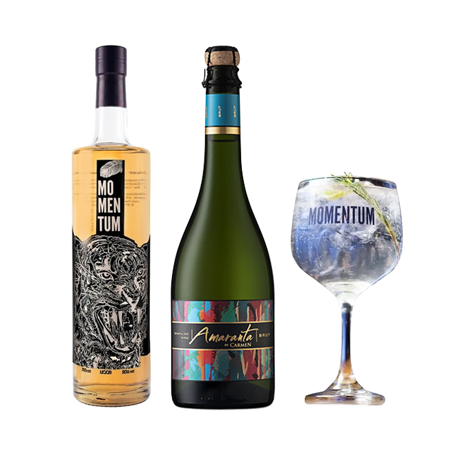 1 Licor Momentum 750cc + 1 Espumante Amaranta Brut 750cc + 1 Copa Momentum