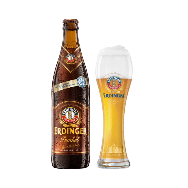 Cerveza Erdinger Dunkel 500cc (12 Unidades) + 1 Copón de Vidrio Erdinger
