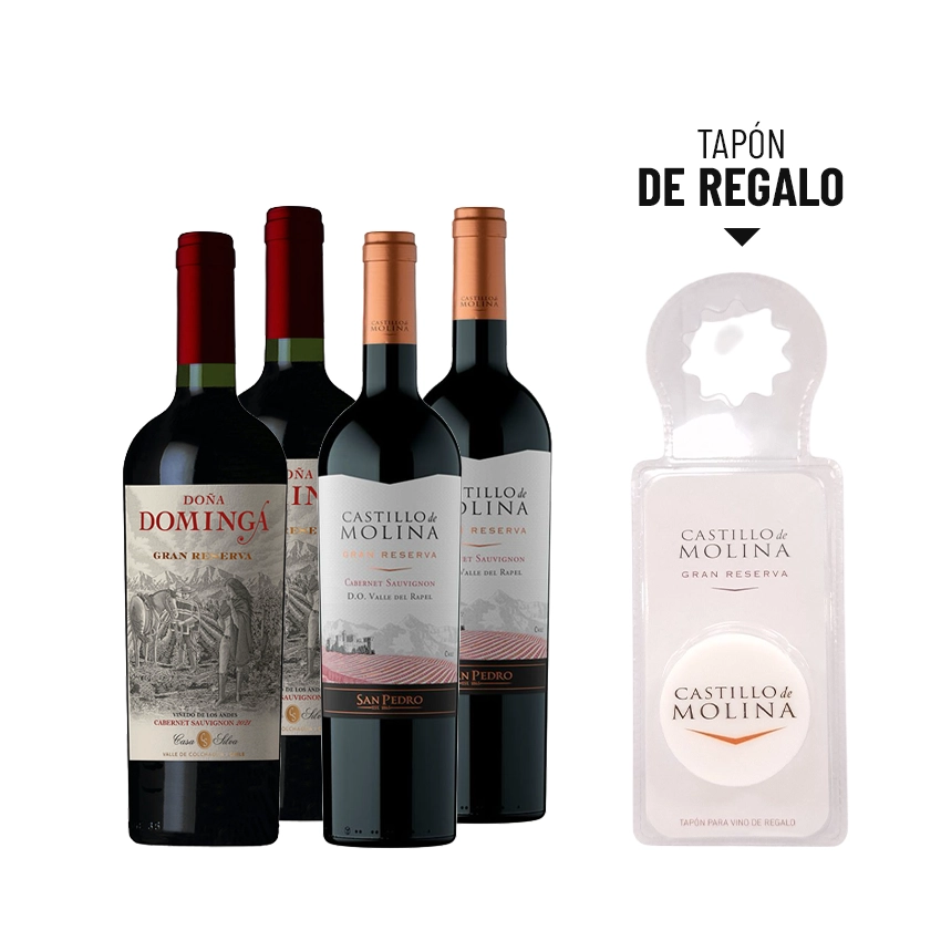 2 Vinos Doña Dominga Gran Reserva Cabernet Sauvignon 750cc + 2 Vinos Castillo De Molina Gran Reserva Cabernet Sauvignon 750cc + 1 Tapón de vino Castillo de Molina