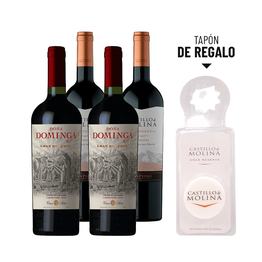 2 Vinos Doña Dominga Gran Reserva Carmenere 750cc + 2 Vinos Castillo De Molina Gran Reserva Carmenere 750cc + 1 Tapón de vino Castillo de Molina