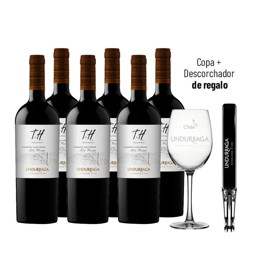 6 Vinos Undurraga TH Cabernet Sauvignon 750cc + 1 Descorchador Undurraga + 1 Copa Undurraga
