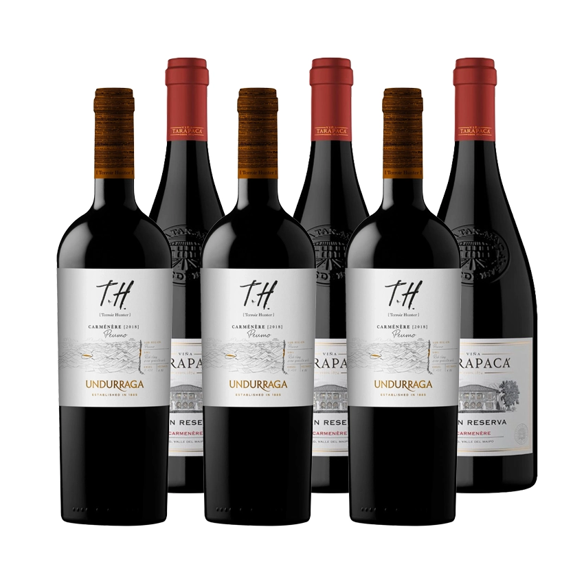 3 Vinos Undurraga TH Carmenere 750cc + 3 Vinos Tarapacá Gran Reserva Carmenere 750cc