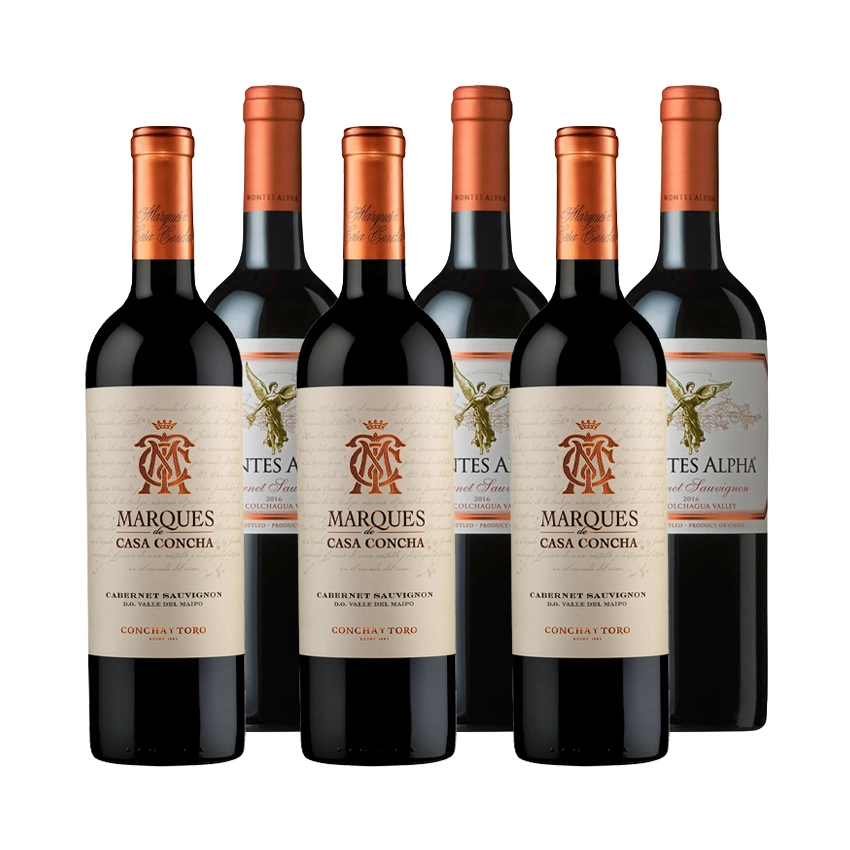 3 Vinos Montes Alpha Cabernet Sauvignon 750cc + 3 Vinos Marques De Casa Concha Cabernet Sauvignon 750cc