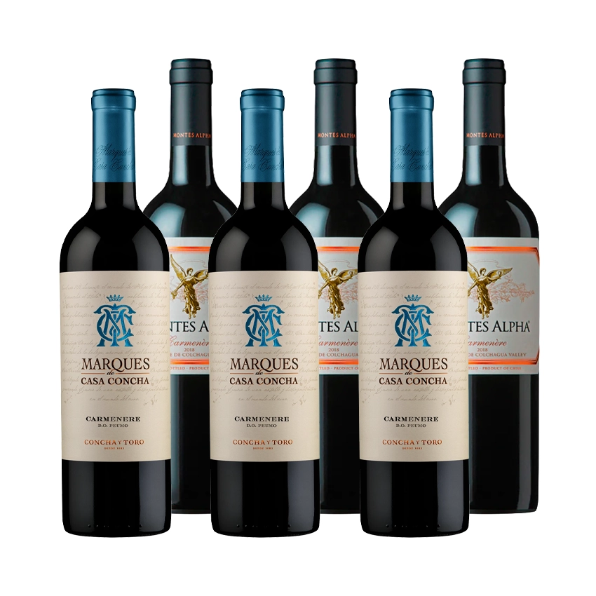 3 Vinos Montes Alpha Carmenere 750cc + 3 Vinos Marques de Casa Concha Carmenere 750cc