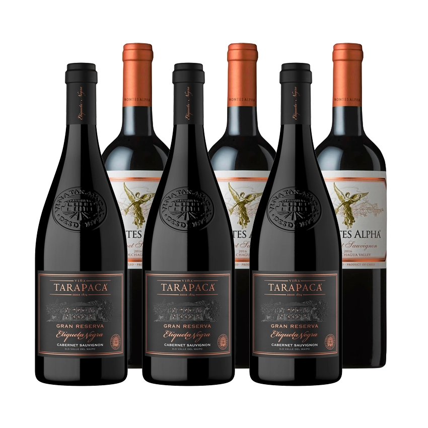 3 Vinos Montes Alpha Cabernet Sauvignon 750cc + 3 Vinos Tarapacá Gran Reserva Etiqueta Negra Cabernet Sauvignon 750cc