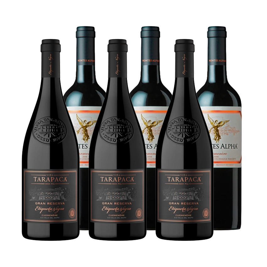 3 Vinos Montes Alpha Carmenere 750cc + 3 Vinos Tarapacá Gran Reserva Etiqueta Negra Carmenere 750cc