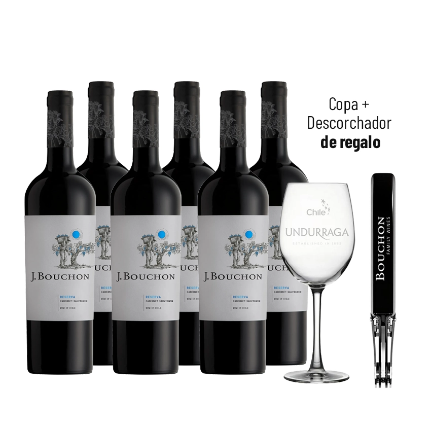 6 Vinos J. Bouchon Reserva Cabernet Sauvignon 750cc + 1 Descorchador Bouchon + 1 Copa Undurraga
