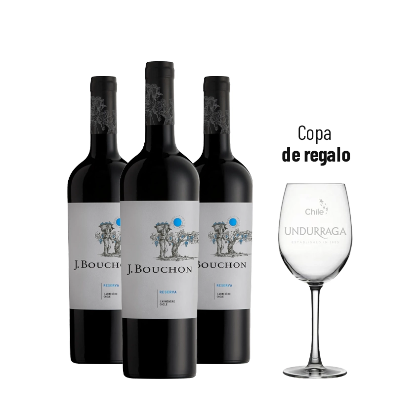 3 Vinos J. Bouchon Reserva Carmenere 750cc + 1 Copa Undurraga