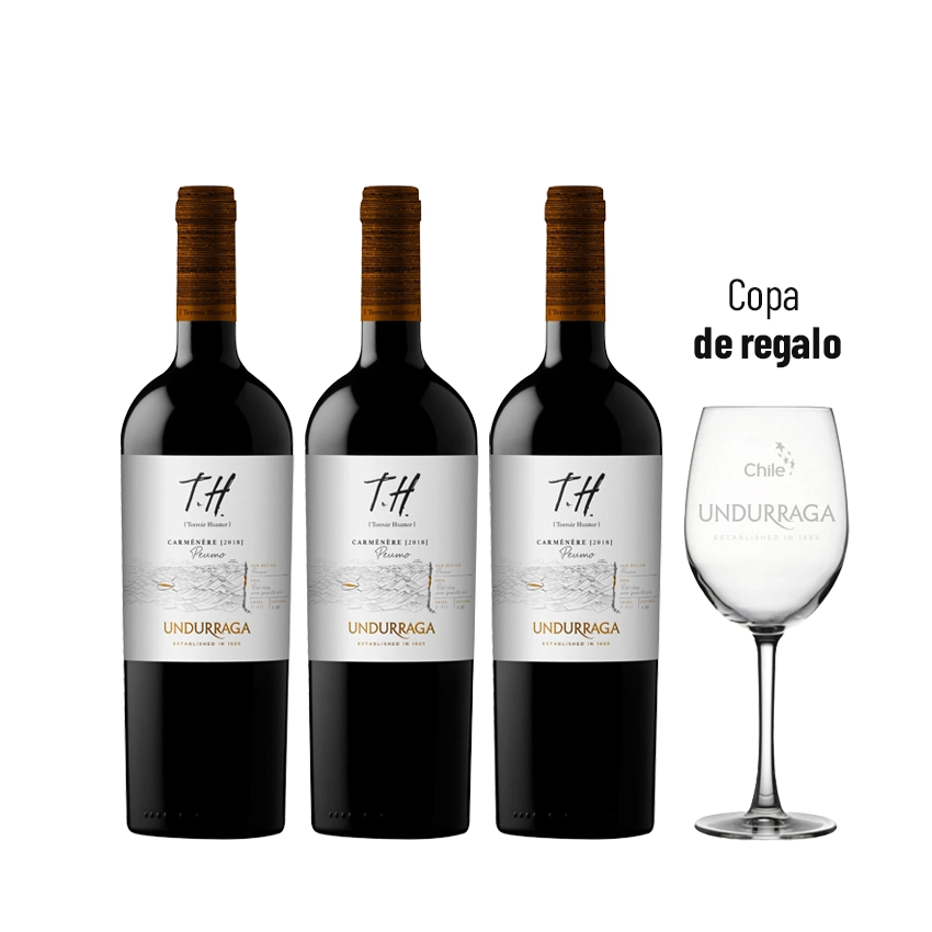 3 Vinos Undurraga TH Carmenere 750cc + 1 Copa Undurraga