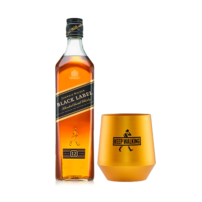 1 Whisky Johnnie Walker Black Label 750cc + 1 Vaso Black JW Aluminio